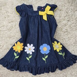 Good Lad Denim Dress with Floral Accents and Yellow Bow